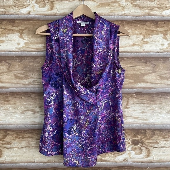 Coldwater Creek colorful faux wrap shawl neck sleeveless fitted blouse size S - Picture 2 of 16